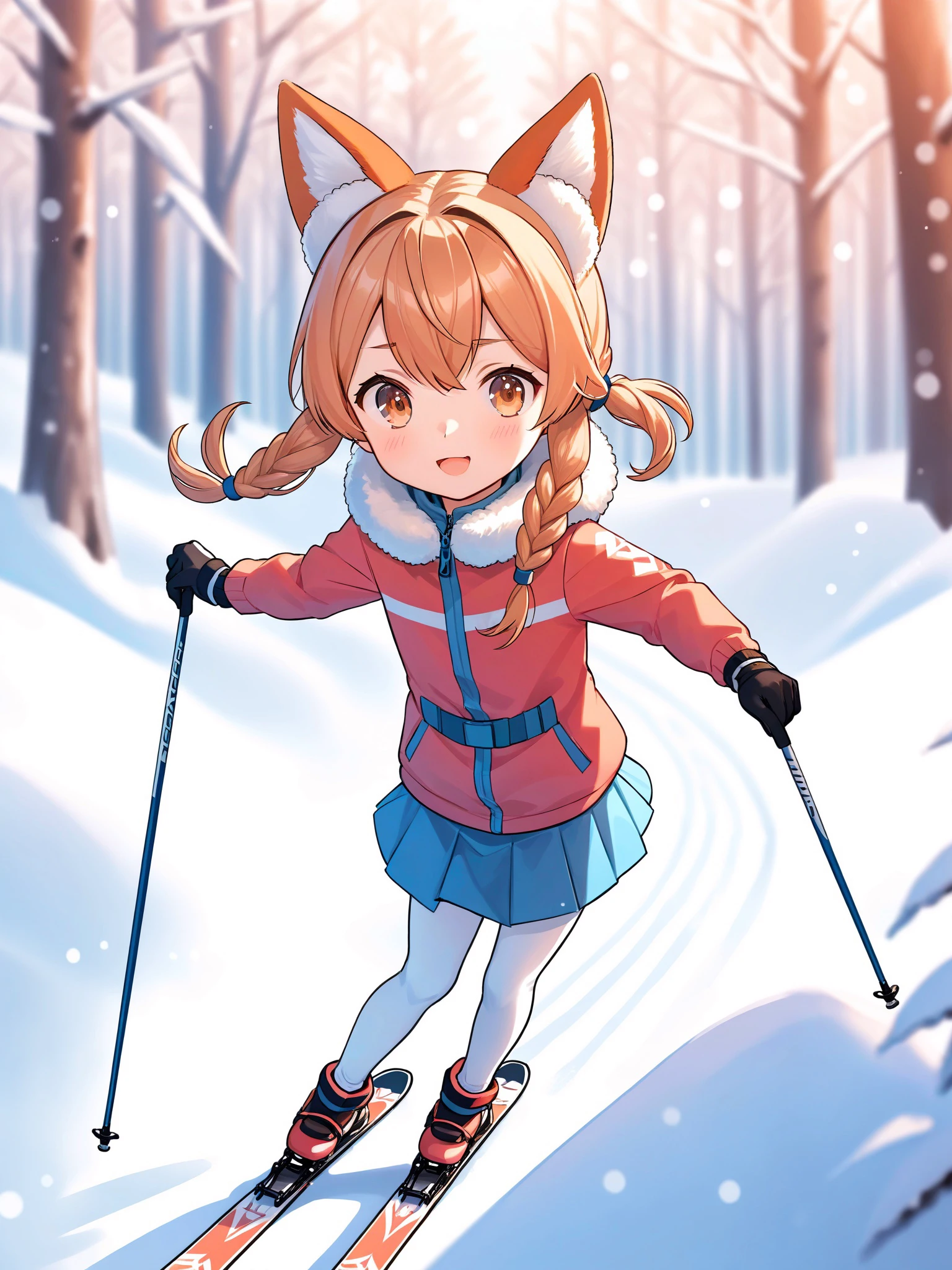 little girl nordic skiing, fox ears, gloves, forest, in cute anime style, bokeh, top view