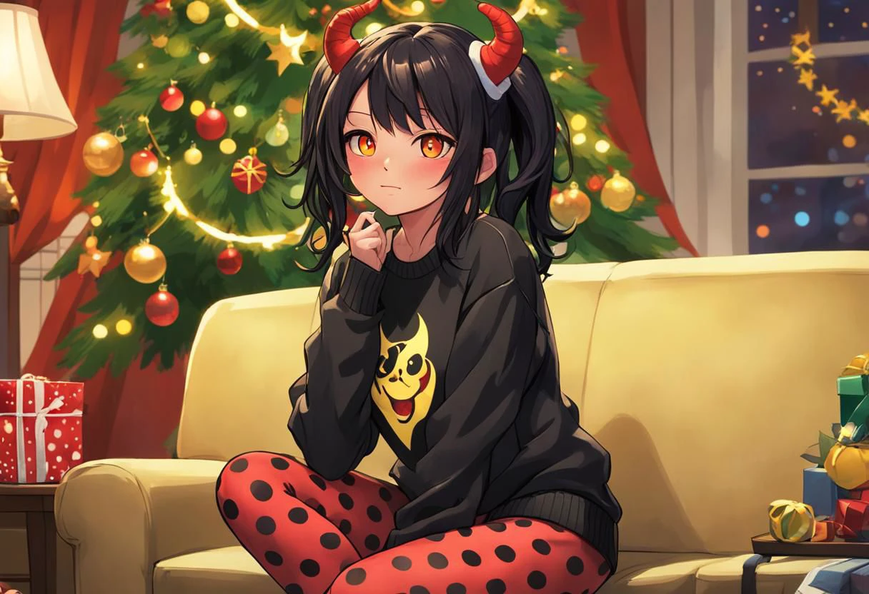 in living room sitting next to christmas tree, a red devil girl with black horns, (glowing yellow eyes:1), black hair , well lit , very skinny, wearing a (over sized christmas print sweater, and polka dot leggings:1.3) ,red skin