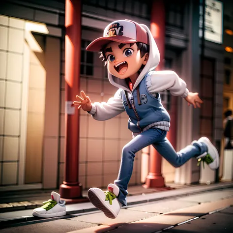 ((masterpiece, best quality)),(complex light), solo, full body,1boy, jake, <lora:JakeSubwaySurfer2-10:0.6>,hood, baseball cap, running, subway, stylized background