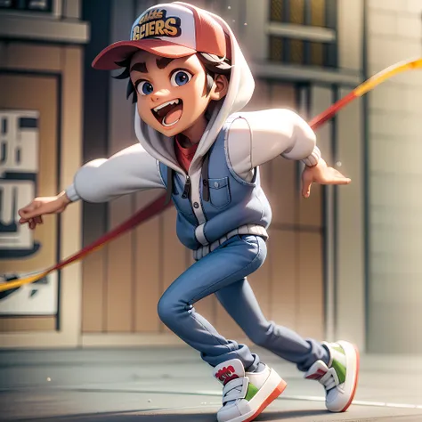 ((masterpiece, best quality)),(complex light), solo, full body,1boy, jake, <lora:JakeSubwaySurfer2-10:0.6>,hood, baseball cap, running, stylized background,speed lines, eye trail,