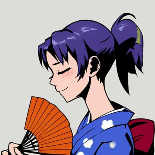 <hypernet:azukihypernetwork:1>1gril, closed_eyes, colored_skin, folding_fan, from_side, grey_background, hand_fan, holding_fan, japanese_clothes, kimono, male_focus, open_kimono, paper_fan, simple_background, smile, solo, uchiwa, upper_body