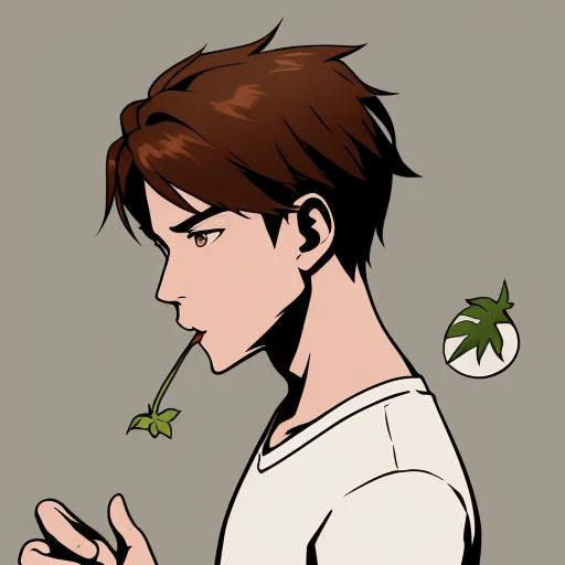 <hypernet:azukihypernetwork:1>1boy, brown_eyes, brown_hair, from_side, grey_background, jewelry, leaf, male_focus, mouth_hold, necklace, shirt, simple_background, solo