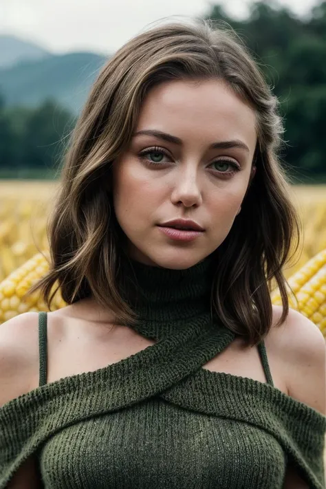 photo of (ell4c4nn0n-135:0.99), a beautiful woman, perfect hair upsweep updo, (modern photo, Amber Brown Off-the-shoulder knit poncho), 24mm, (analog, cinematic, film grain:1.3), ((plain Corn Green background, gradient:1.2)), detailed eyes, (seductive pose), (epicPhoto), (looking at viewer), (cinematic shot:1.3), PA7_Portrait-MCU