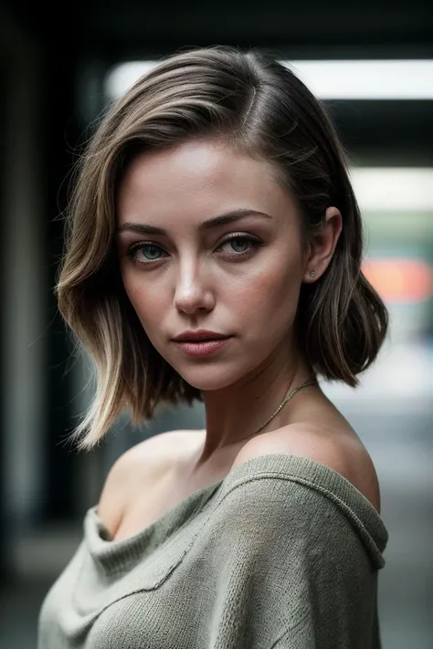 photo of (ell4c4nn0n-135:0.99), a beautiful woman, perfect hair upsweep updo, (modern photo, Dark Green Off-the-shoulder knit poncho), 24mm, (analog, cinematic, film grain:1.3), ((plain Concrete background, gradient:1.2)), detailed eyes, (seductive pose), (epicPhoto), (looking at viewer), (cinematic shot:1.3), PA7_Portrait-MCU