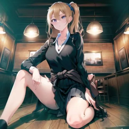 masterpiece, best quality, highres, aahayasaka, side ponytail, medium breasts, necklace, collared shirt, (black sweater:1.1), long sleeves, clothes around waist, black skirt, blonde hair,, <lora:hayasaka_ai_v2:0.7>, looking down, unamused,
RAW photo, (wide effect:1.2), (a photo of 25y.o. mesogts woman:1.3), minigts, size difference, (sitting on the floor), dim lit, (high detailed skin, detailed eyes:1.1), 8k uhd, dslr, soft lighting, intricate details, best quality (in bar:1.2), (energetic eyes:1.2), (full body portrait),(group:1.2), (people in background:1.2), <lyco:minigts_v3_lycoris:0.8>