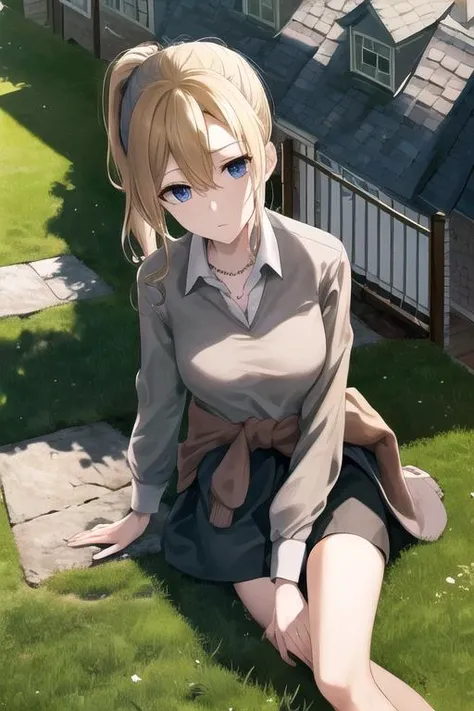 masterpiece, best quality, highres, aahayasaka, side ponytail, medium breasts, necklace, collared shirt, (black sweater:1.1), long sleeves, clothes around waist, black skirt, blonde hair,, <lora:hayasaka_ai_v2:0.7>, looking down, unamused,
a scene involving one (mesogts) girl, looking at viewer, (laying down), highly detailed skin, leaning against second floor balcony outside house, outside, solo, car, sidewalk, road, yard, trees, outside a two story home, gable roof, shingles, brick walkway, garden, lawn, grass, view from above
