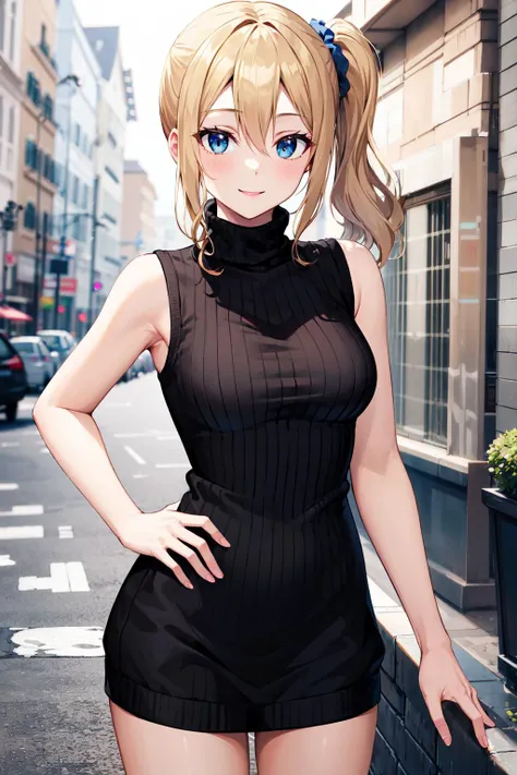 blonde、blue eyes、girl、Small breasts、Twin tails、girl、Small breasts、Lolita、Bright smile、Looks about 15 years old、Petan Musume、short、目のhighlight、Sexy thighs、Walking Outside、blue sky、(Sleeveless, form-fitting, high-neck ribbed sweater dress:1.3)、Your eyes are so beautiful、highlight