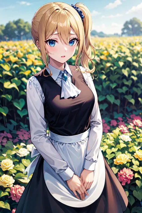 masterpiece, best quality, highres, aahayasaka, side ponytail, medium breasts, ascot, collared shirt, black vest, long sleeves, maid apron, skirt, <lora:hayasaka_ai_v2:0.7>, standing, cowboy shot, garden