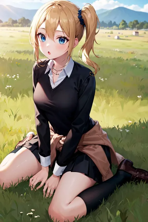 masterpiece, best quality, highres, aahayasaka, side ponytail, medium breasts, necklace, collared shirt, (black sweater:1.1), long sleeves, clothes around waist, black skirt, <lora:hayasaka_ai_v2:0.7>, field, grass, wariza, :o, socks, loafers,