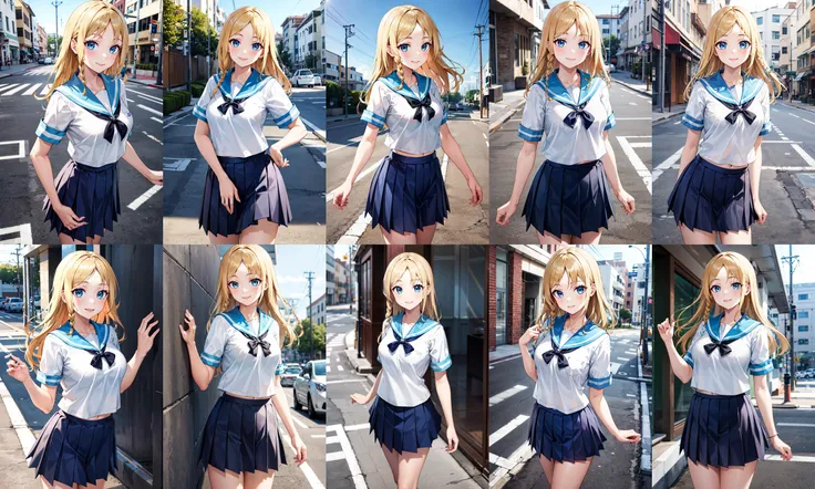masterpiece, best quality, highres, bbhayasaka, single braid, medium breasts, school uniform, serafuku, blue sailor collar, sailor shirt, white shirt, short sleeves, pleated skirt, blue skirt, <lora:hayasaka_ai_v2:0.7>, street, standing, cowboy shot, smile