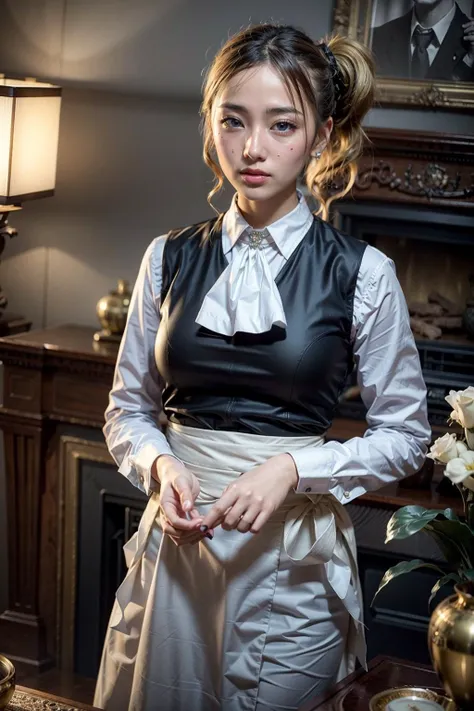 (realistic:1.3), finely detailed, quality, rembrandt lighting, (masterpiece:1.2), (photorealistic:1.2), (best quality), (detailed skin:1.3), (intricate details), dramatic, ray tracing, 1girl, japanese girl, 21 years old, detailed skin texture, (blush:0.5), (goosebumps:0.5), subsurface scattering, smiling, aahayasaka, (side ponytail:1.1), blonde hair, medium breasts,(ascot:1.1), collared shirt, black vest, long sleeves, (maid apron:1.1), skirt, frills, full body, (bright sunny day, lavish mansion, japanese mansion, living room, rich decorations), <lora:hayasaka_ai_v2:0.7>