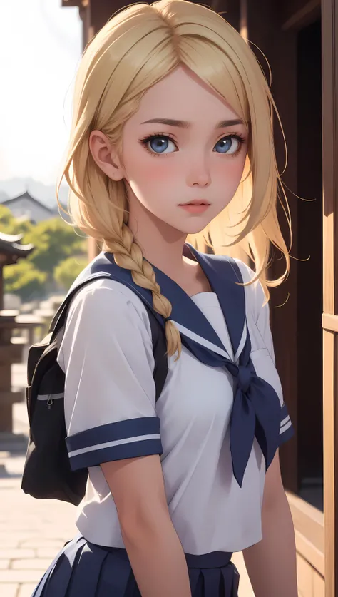 (best quality, masterpiece, perfect face, beautiful and aesthetic:1.2, colorful, dynamic angle, highest detailed face) (cafe background), 1girl, solo, (blushed, blank expression:1.1), highres, bbhayasaka, (single braid), blonde hair, small breasts, school uniform, serafuku, blue sailor collar, sailor shirt, white shirt, short sleeves, pleated skirt, blue skirt, outdoors, (kyoto temple, japanese shrine:0.8), (bokeh:1.4), portrait, (soft light, dramatic light, sharp, HDR), <lora:hayasaka_ai_v2:0.4>