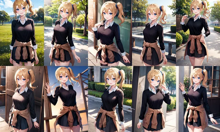 masterpiece, best quality, highres, aahayasaka, side ponytail, medium breasts, necklace, collared shirt, (black sweater:1.1), long sleeves, clothes around waist, black skirt, <lora:hayasaka_ai_v2:0.7>, smile, cowboy shot, standing, outdoors