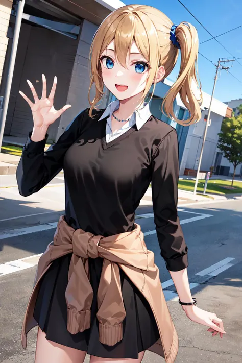 masterpiece, best quality, highres, aahayasaka, side ponytail, medium breasts, necklace, collared shirt, (black sweater:1.1), long sleeves, clothes around waist, black skirt, <lora:hayasaka_ai_v2:0.7>, smile, cowboy shot, standing, outdoors, waving, open mouth,