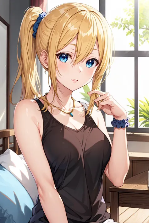 masterpiece, best quality, 1girl, solo, <lora:hayasaka_ai_v10:0.6>, hayasaka ai, blue scrunchie, side ponytail, hair between eyes, blue eyes, blonde hair, hair ornament, medium breasts, hair scrunchie, bangs, long hair, sidelocks, necklace