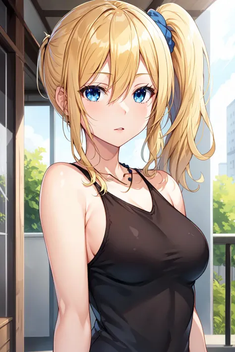 masterpiece, best quality, 1girl, solo, <lora:hayasaka_ai_v10:0.6>, hayasaka ai, blue scrunchie, side ponytail, hair between eyes, blue eyes, blonde hair, hair ornament, medium breasts, hair scrunchie, bangs, long hair, sidelocks, necklace