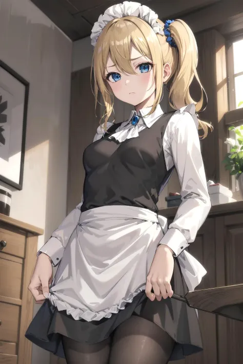 (masterpiece, 4k, best quality, highly detailed, 1girl, solo, small breasts, from below, frown), hayasaka ai, blonde hair, maid, blue eyes, side ponytail, hair scrunchie, hair ornament, blue scrunchie, maid headdress, apron, hair between eyes, breasts, long sleeves, bangs, white shirt, black dress, sidelocks, maid apron, black pantyhose, closed mouth, disgust, ((expressionless)), cowboy shot, <lora:hayasaka_ai_v10:0.7>