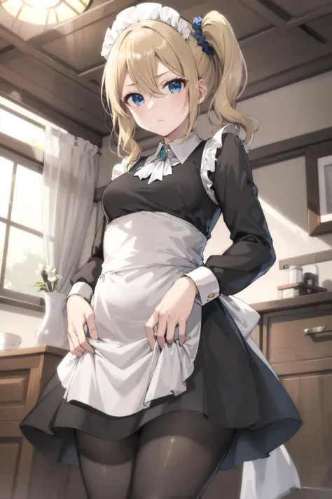 (masterpiece, 4k, best quality, highly detailed, 1girl, solo, small breasts, from below, frown), hayasaka ai, blonde hair, maid, blue eyes, side ponytail, hair scrunchie, hair ornament, blue scrunchie, maid headdress, apron, hair between eyes, breasts, long sleeves, bangs, white shirt, black dress, sidelocks, maid apron, black pantyhose, closed mouth, disgust, ((expressionless)), cowboy shot, <lora:hayasaka_ai_v10:0.7>