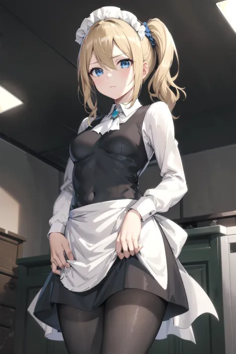 (masterpiece, 4k, best quality, highly detailed, 1girl, solo, small breasts, from below, frown), hayasaka ai, blonde hair, maid, blue eyes, side ponytail, hair scrunchie, hair ornament, blue scrunchie, maid headdress, apron, hair between eyes, breasts, long sleeves, bangs, white shirt, black dress, sidelocks, maid apron, black pantyhose, closed mouth, disgust, ((expressionless)), cowboy shot, <lora:hayasaka_ai_v10:0.7>