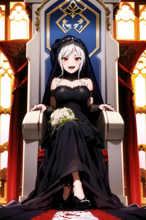 masterpiece, best quality, ShalltearV4, 1girl, solo, white hair, long hair, ponytail, ((black veil, veil, black dress, wedding, wedding dress)), indoors, castle, sitting, throne, fangs, ((blood)), from below