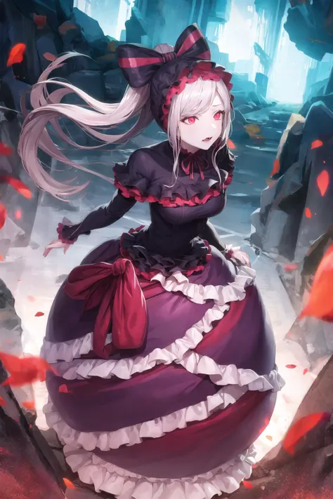 masterpiece, best quality, ShalltearV4, 1girl, solo, dress, frills, bow, hair bow, fang, pale skin, glowing, glowing eyes