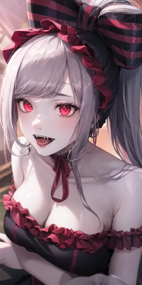 masterpiece, best quality, ShalltearV4, 1girl, solo, dress, frills, bow, hair bow, fangs, pale skin, glowing, glowing eyes, portrait, vampire