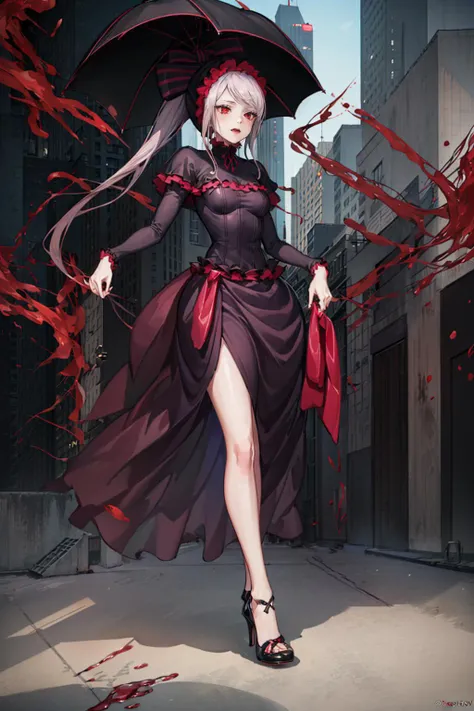 (masterpiece), best quality, 8k, perfect artwork, central arrangement, (blood effect:1.2), (((1girl:2))), (detailed face:1.5), overload, ShalltearV4, Vampire, (small breasts:1.2), (purple ponytail, red eyes, canine tooth, captivating laugh, black umbrella, long dress, black high heels, blood on mouth, red ribbon on your hair) , Skeleton, magical pattern, cemetery, detailed shadow, <lora:ShalltearV4-10:1.5> <lora:Necronomicon-10:0.5>