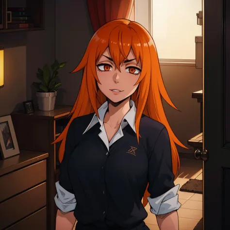 anime girl with red hair and black shirt standing in a room