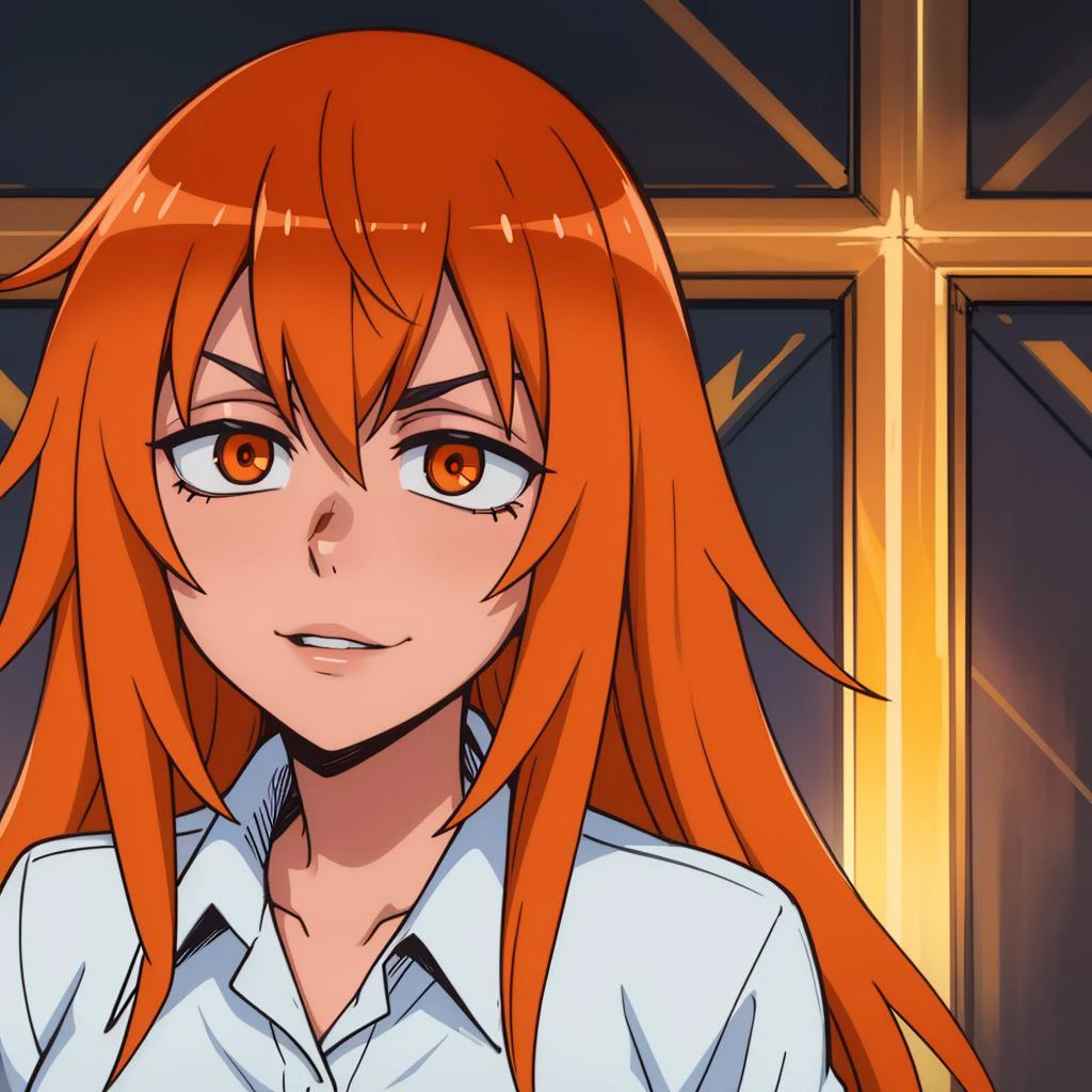 Best_QualityPos, RAW photo, intricate details, best quality, 8k uhd, soft lighting, 1girl, solo, eft_nagatoro_orange, long hair, orange hair, orange eyes, white collared shirt <lora:eft_nagatoro_orange:0.7>
