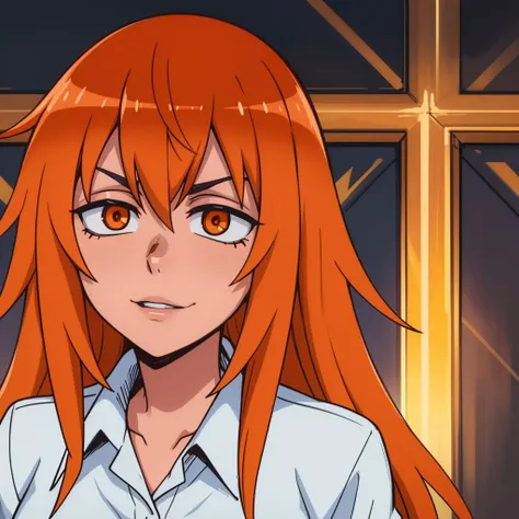 Best_QualityPos, RAW photo, intricate details, best quality, 8k uhd, soft lighting, 1girl, solo, eft_nagatoro_orange, long hair, orange hair, orange eyes, white collared shirt  <lora:eft_nagatoro_orange:0.7>