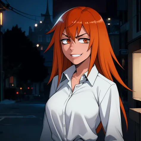 anime girl with long red hair and white shirt standing in the street