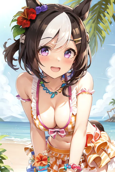 special_week_\(umamusume\), checkered bikini, bikini skirt, necklace, jewelry, hair flower, red hair flower, hibiscus, hairclip, bracelet, looking at viewer, smile, blush, horse tail, (leaning forward:1.5), standing, beach, sunshine, tree