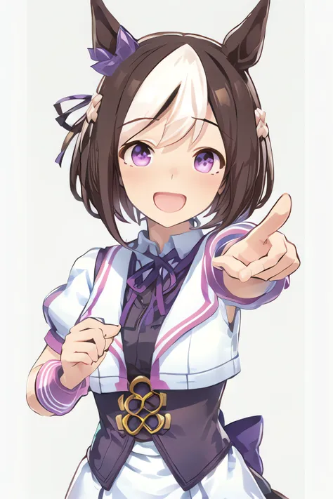 special_week_\(umamusume\), shobufuku, white collared shirt, puffy short sleeves, ribbon, bow, corset, upper body, (pointing at viewer:1.3), happy, (white background:1.5), (front view:1.3)