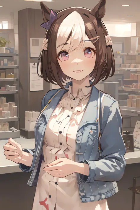 special_week_\(umamusume\), fudangi, hairclip, blue jacket, open jacket, print dress, pink dress, window shopping, small breasts, highres, upper body, smile, white backpack, solo, beast quality
