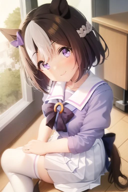 special_week_\(umamusume\), natsufuku, pleated skirt, puffy short sleeves, purple bow, white skirt, sailor collar, sailor shirt, tracen school uniform, sitting, from above, white thighhighs, looking at viewer, windows, horse tail, smile, head tilt, inside classroom, school, best quality <lora:specialWeekUmamusume_v10:1>