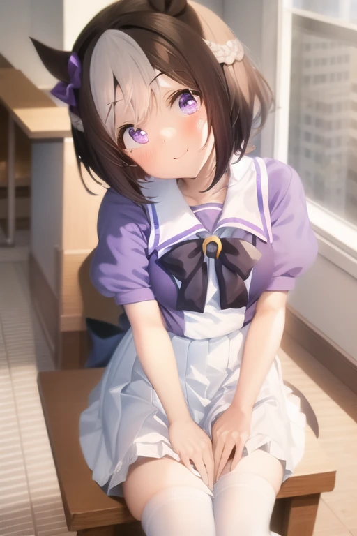 special_week_\(umamusume\), natsufuku, pleated skirt, puffy short sleeves, purple bow, white skirt, sailor collar, sailor shirt, tracen school uniform, sitting, from above, white thighhighs, looking at viewer, windows, horse tail, smile, head tilt, inside classroom, school <lora:specialWeekUmamusume_v10:1>