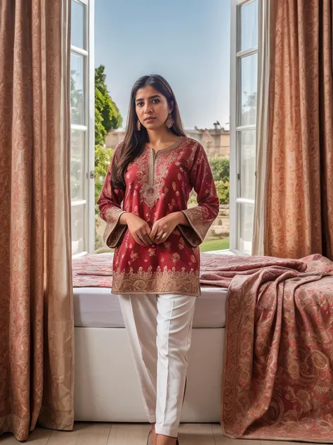 (front view:1.1), pakistani woman, fanar88kali, long sleeves, jewelry, standing, full body, legs, earrings, bedroom, london, window, curtains, suburbs view, bed, she;ves, plantpot, wall poster, furniture
 <lora:Anarkali_suit_01_By_Stable_Yogi:0.3> <lora:EnhancedDetail:0.7>