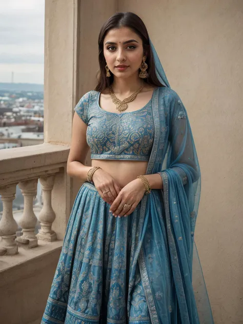 (front view:1.1), pakistani woman, clothing, ornate (embroidered:0.8) turquoiselehenga, gold embroidery, sequins, earings, jewellery, bangles, bracelet, necklace, makeup, lipstick, full body shot, scenic view, standing,  earrings, bedroom, london, window,, suburbs view, bed, shelves, plantpot, wall poster, furniture, smiling, demure, thick lips, big eyes,
 <lora:EnhancedDetail:0.7>  <lora:real_skin:0.7> skin
 <lora:Lehnga_01_By_Stable_Yogi:0.5>