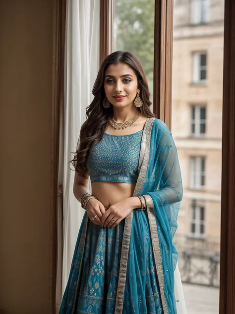 (front view:1.1), pakistani woman, clothing, turquoiselehenga, earings, jewellery, bangles, bracelet, necklace, makeup, lipstick, full body shot, scenic view, standing, earrings, bedroom, london, window,, suburbs view, bed, shelves, plantpot, wall poster, furniture, smiling, demure, thick lips, big eyes,
<lora:EnhancedDetail:0.7> <lora:real_skin:0.7> skin
<lora:Lehnga_01_By_Stable_Yogi:0.5>
