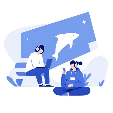 an artwork,chatroom,in the style of 2d game art,characterized animals,dmitry vishnevsky,blue and white,cute and dreamy,editorial illustrations,zeiss batis 18mm f/2.8,