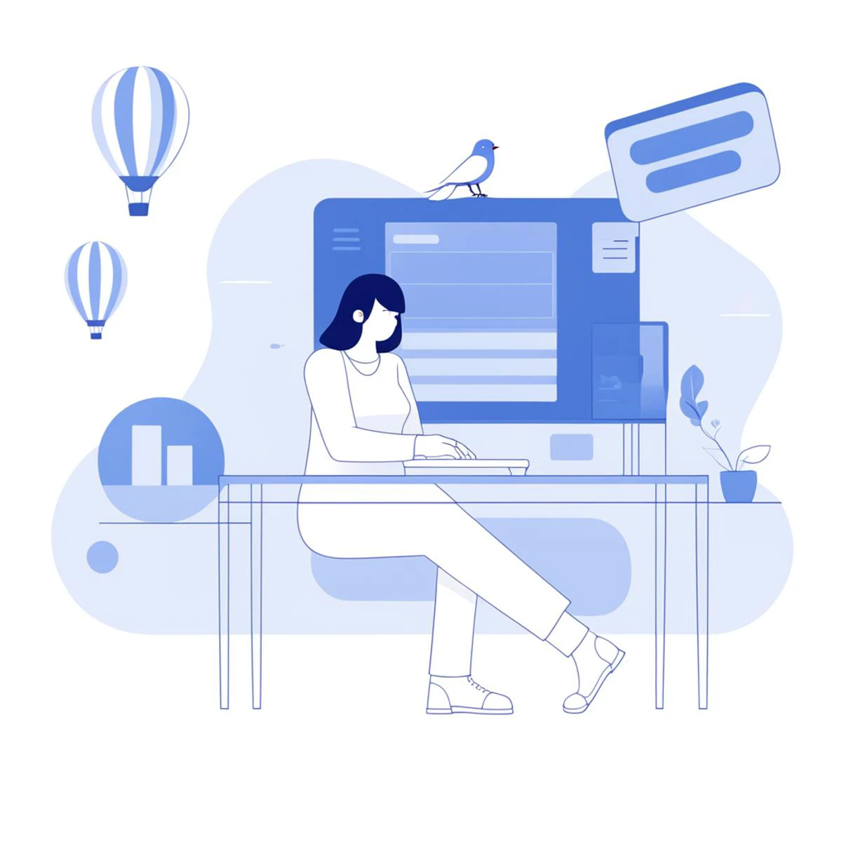 an artwork,room chat computer,in the style of 2d game art,characterized animals,dmitry vishnevsky,blue and white,cute and dreamy,editorial illustrations,zeiss batis 18mm f/2.8,