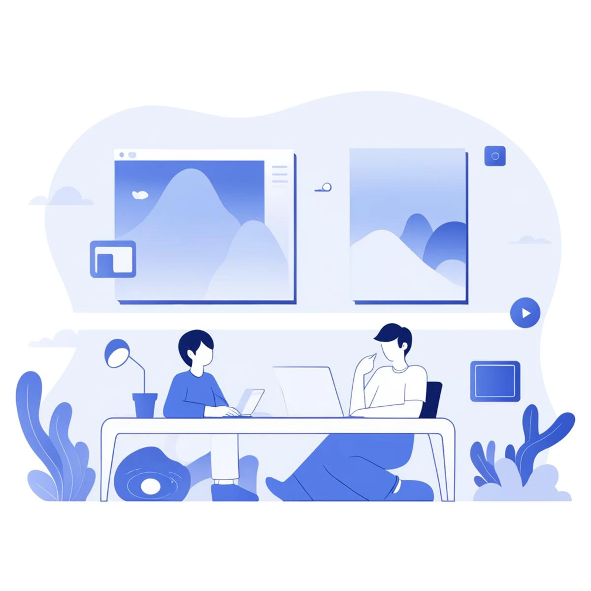 an artwork,room chat computer,in the style of 2d game art,characterized animals,dmitry vishnevsky,blue and white,cute and dreamy,editorial illustrations,zeiss batis 18mm f/2.8,