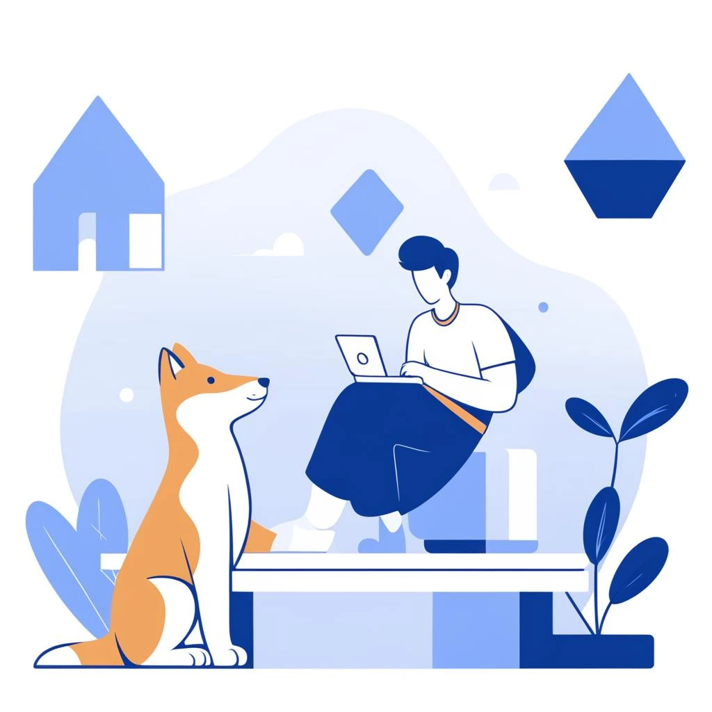 an artwork,room chat computer,in the style of 2d game art,characterized animals,dmitry vishnevsky,blue and white,cute and dreamy,editorial illustrations,zeiss batis 18mm f/2.8,