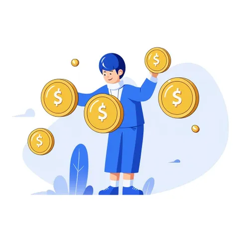 an artwork,gold_coin data,in the style of 2d game art,characterized animals,dmitry vishnevsky,blue and white,cute and dreamy,editorial illustrations,zeiss batis 18mm f/2.8,