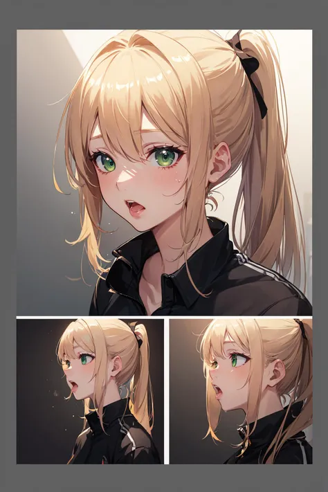 ((masterpiece)), (best quality), official art, extremely detailed CG, unity 8k wallpaper, ultra detailed, comic, 
1girl, blonde hair, ponytail, green eyes, open mouth, ahegao, fellatio, cum, facial, 
sports bra,