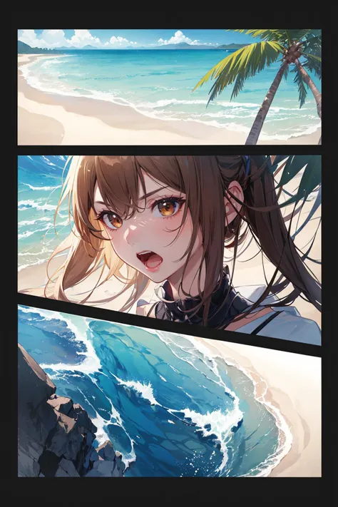 ((masterpiece)), (best quality), official art, extremely detailed CG, unity 8k wallpaper, ultra detailed, 
(1girl:1.3), blonde hair, ahoge, brown eyes, brown hair, bikini, anger, open mouth, close-up, upper body, 
beach, ocean, sunbeam, palm tree, comic,