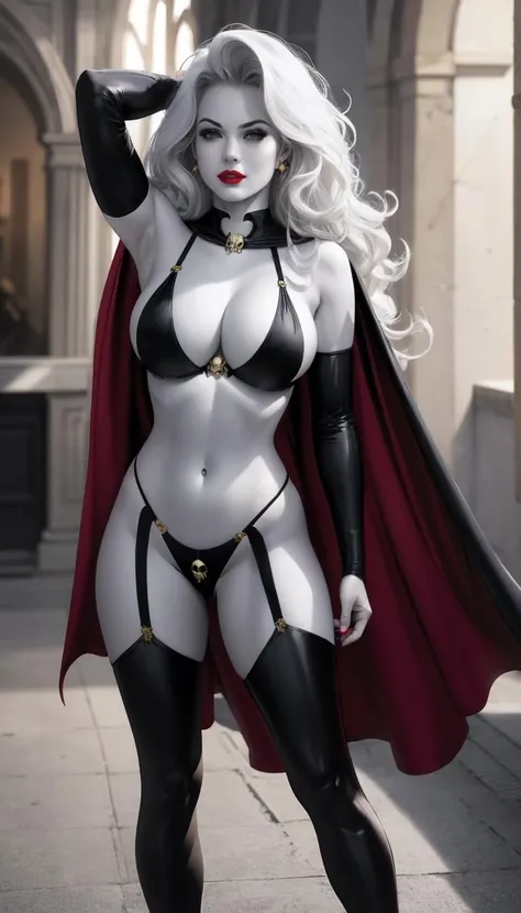 straight-on,  CARTOON_lady_death_bikini_ownwaifu,www.ownwaifu.com, angry, 
mascara, blank_eyes,long hair,breasts,white hair,makeup,colored skin,navel,lipstick,large breasts,wavy hair,white skin,lips,curly hair,red lips,very long hair,toned, narrow_waist, curvy,pale skin, thick_eyelashes, thick eyebrows, big hair, 
thighhighs,cape,cleavage,jewelry,earrings,garter straps,garter belt,gloves,piercing,red cape,blood,elbow gloves,armor,black legwear,collar,thong,black bikini,skull earrings, highleg, 
 <lora:CARTOON_lady_death_ownwaifu:1>,  BREAK, official art,extremely detailed CG unity 8k wallpaper, perfect lighting,Colorful, Bright_Front_face_Lighting,shiny skin, (masterpiece:1.0),(best_quality:1.0), ultra high res,4K,ultra-detailed, photography, 8K, HDR, highres, (absurdres:1.2), Kodak portra 400, film grain, blurry background, (bokeh:1.2), lens flare, (vibrant_color:1.2),professional photograph, (beautiful_face:1.5),