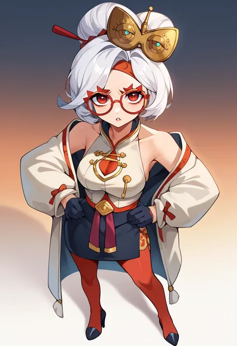 score_9, score_8_up, score_7_up, source_anime BREAK 1girl, <lora:ett-artist-richy-v1_xl:1> <lora:purah-pdxl-nvwls-v1:1> purah, hair ornament, red headband, red glasses, sleeveless shirt, white coat, black skirt, red leggings, gloves, high heels, standing, hands on hips, looking at viewer, parted lips, v-shaped eyebrows