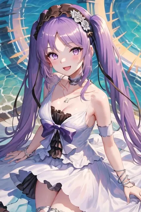 best quality, masterpiece, highres, solo, {euryale_fgo:1.15}, long_hair, purple_hair, twintails, hairband, purple_eyes, lolita_hairband, very_long_hair, bangs, jewelry, blush, smile, collarbone, breasts, 1girl, bare_shoulders, dress, looking_at_viewer, necklace, flower, white_dress, open_mouth, choker