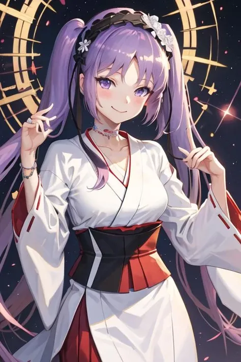 best quality, masterpiece, highres, solo, {white kimono:1.35}, {red hakama:1.35}, {wide sleeves:1.20}, {euryale_fgo:1.15}, long_hair, purple_hair, twintails, hairband, purple_eyes, lolita_hairband, very_long_hair, bangs, jewelry, blush, smile, collarbone, breasts